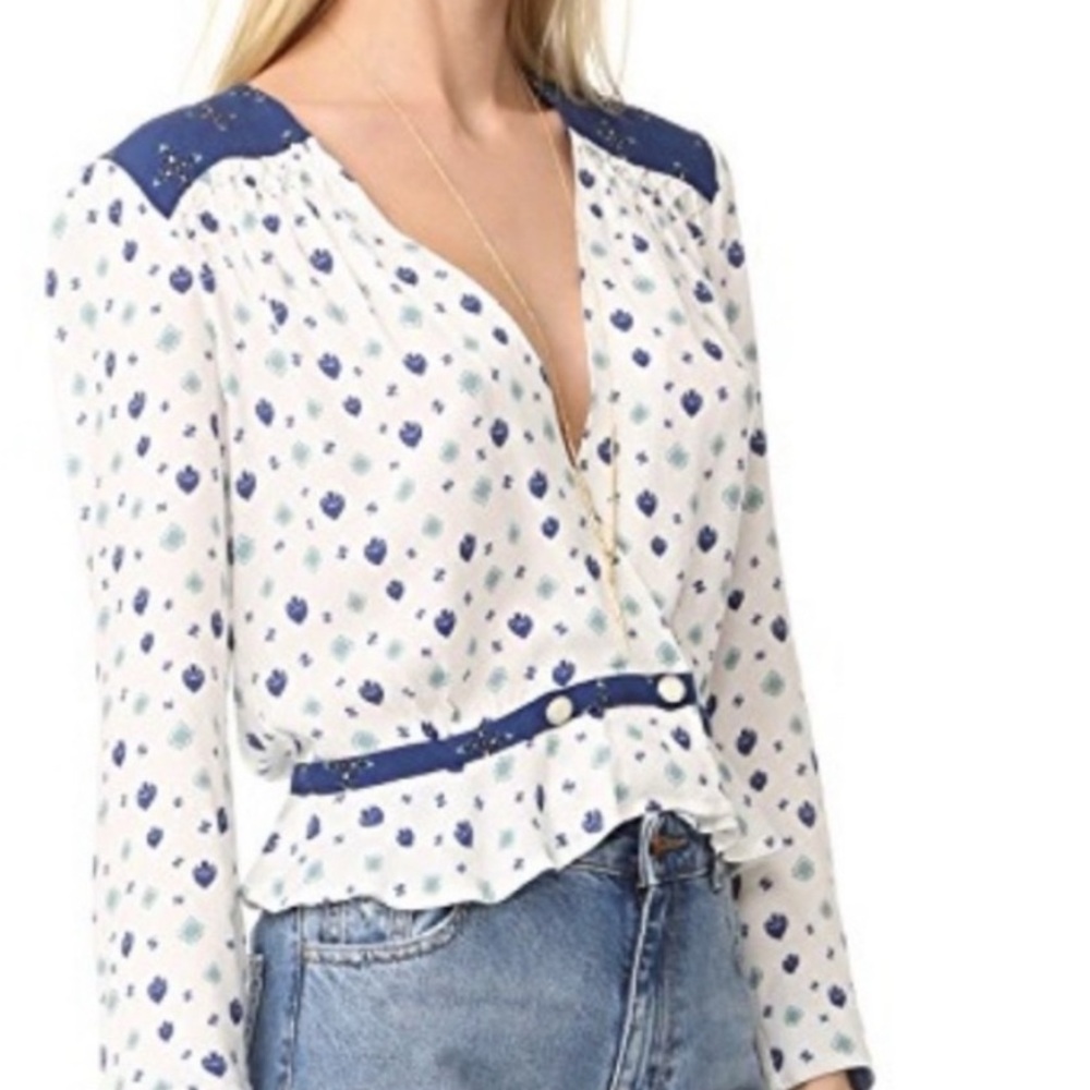 Free People Where We Roam White Blue Blouse, Size Medium